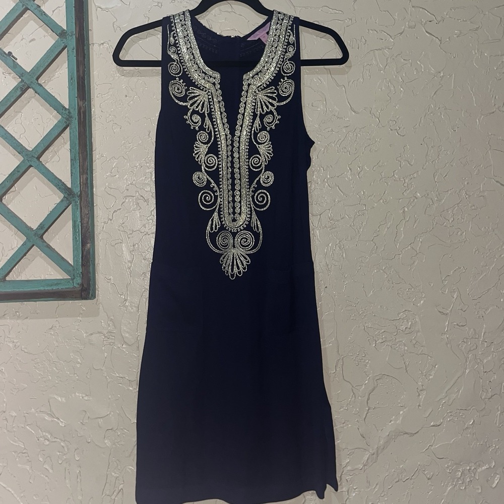 Lilly‎ Pulitzer Valli Shift Dress True Navy  And Gold Size 00 Preowned Women's